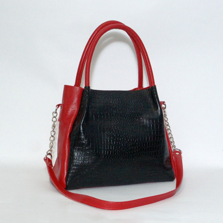 Кожаная сумка Milano 03, черный с тиснением под крокодила/красный